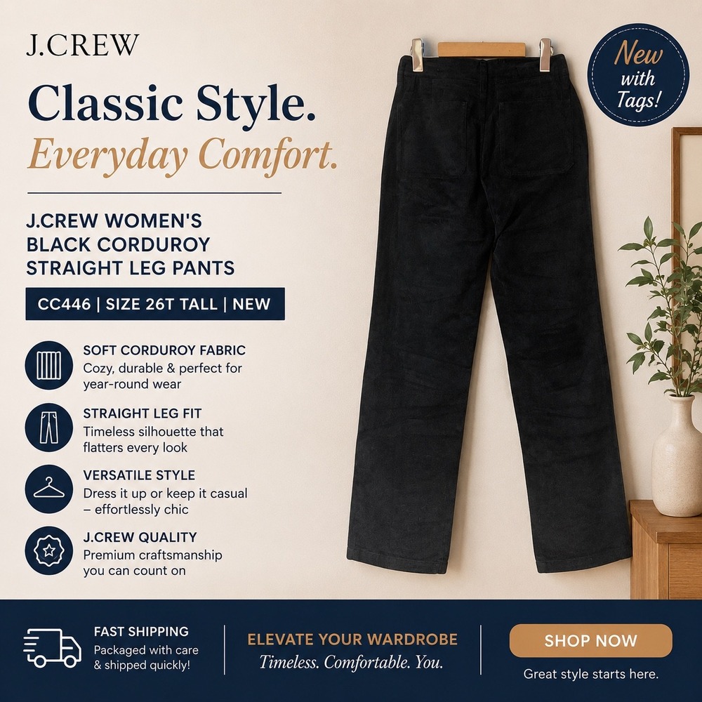 J.Crew Women's Black Corduroy Straight Leg Pants CC446 Size 26T Tall Newā